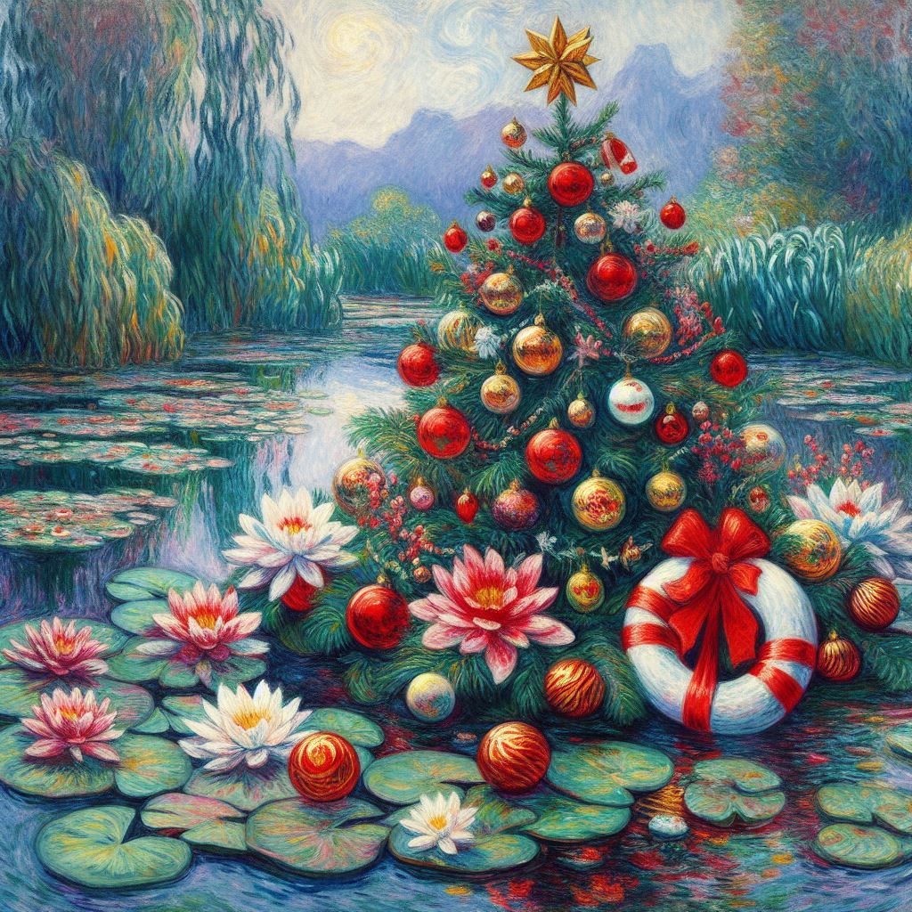 Albero di Natale su un lago di ninfee prodotto dalla AI Image Creator di Microsoft Bing in stile Claude Monet