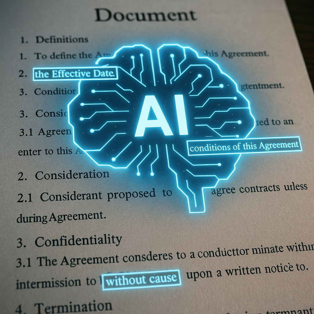 AI Document Analysis A glowing AI brain graphic overlaying a legal document, highlighting key clauses