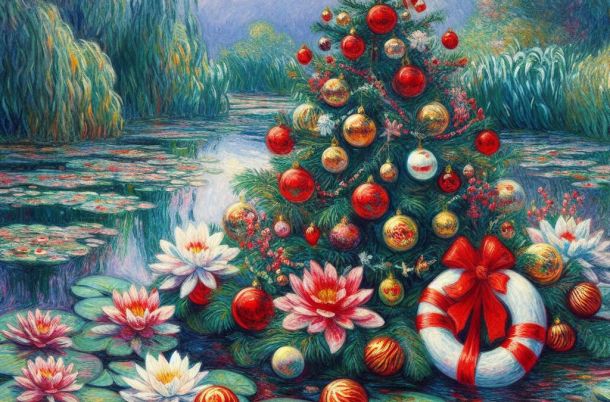 Albero di Natale su un lago di ninfee prodotto dalla AI Image Creator di Microsoft Bing in stile Claude Monet