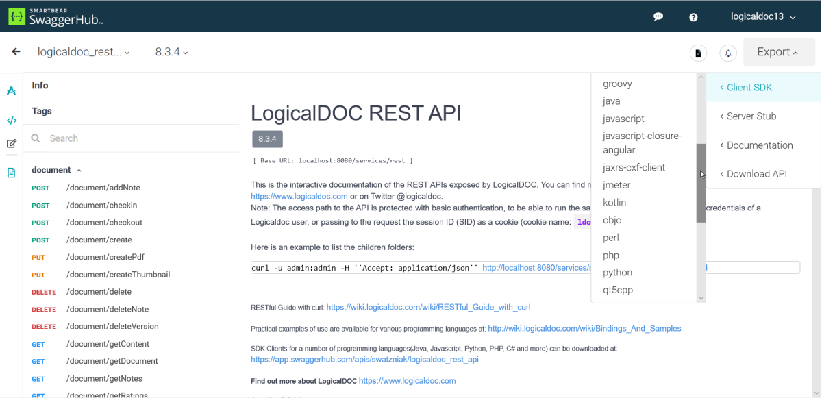 LogicalDOC REST API su SwaggerHub